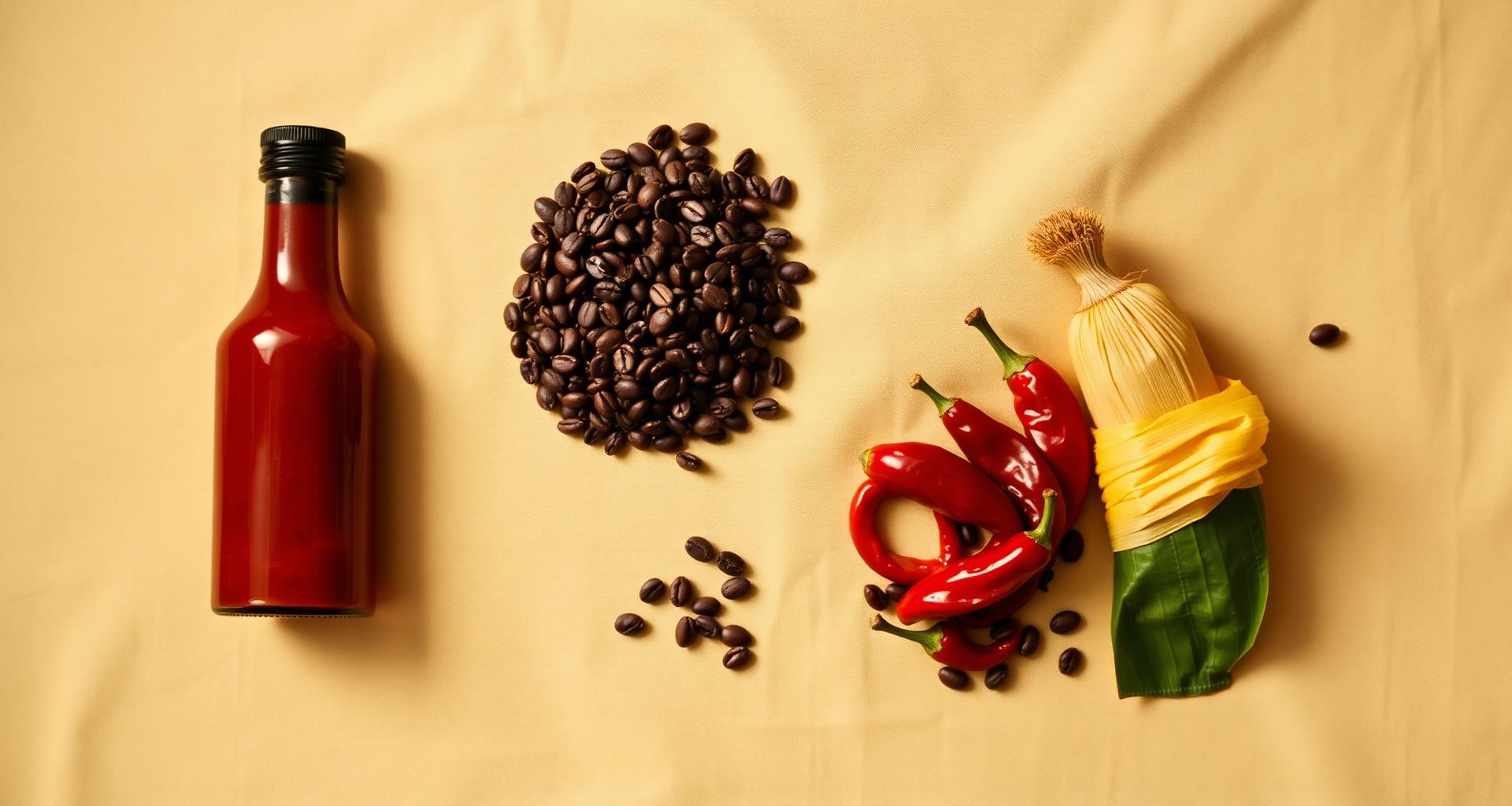 El Nica pantry goods — hot sauce, coffee beans, peppers and a banana-leaf tamale
